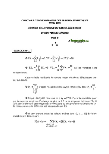 Corrigé Calcul numérique ITS B option Maths 1999 (ENSEA)