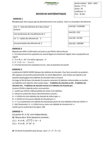 Devoir de Mathématiques Première D