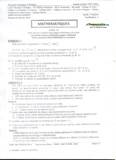 Sujet de Maths bac blanc 2016 série D Lycée Classique d'Abidjan