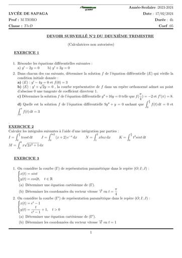 DEVOIR DE MATHS NIVEAU Tle D LYCEE DE SAPAGA 2024 N°2 TRIM 2 2024 BY TEHUA