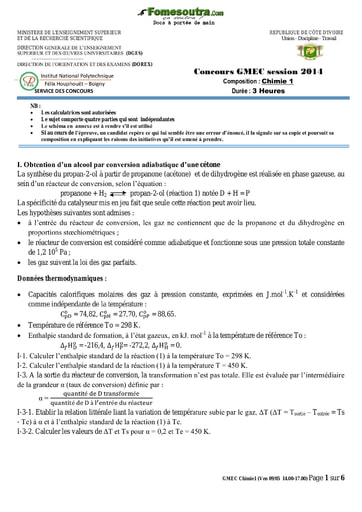 Sujet de Chimie 1 concours GMEC 2014