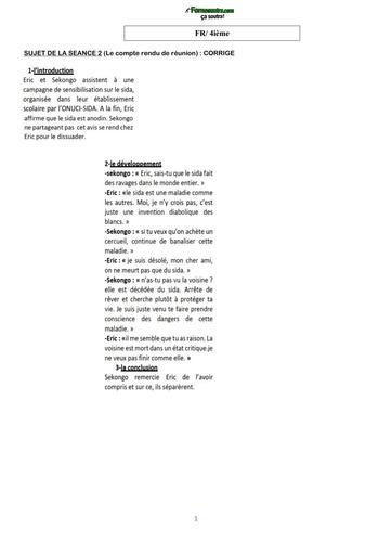 COURS DE VACANCES FR 4ième CORRIGE SUJET 3 (Le compte rendu de réunion) by TEHUA