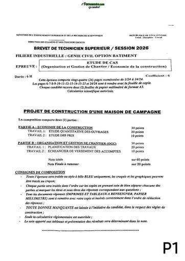 BTS CI Session 2026 FI Genie Civil option Bâtiment épreuve Étude de Cas By TEHUA