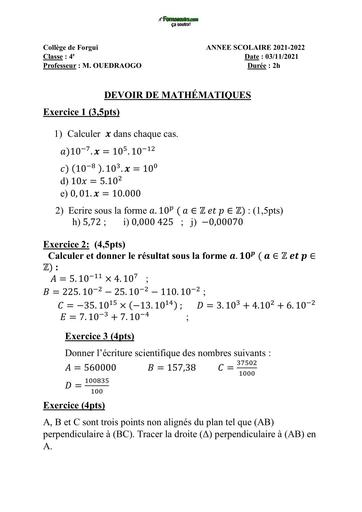 SUJET 4ième Devoir de Maths 4ième COLLEGE DE FORGUI BF BY TEHUA