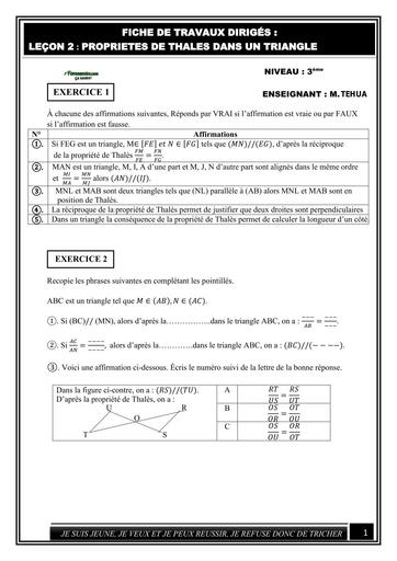 FICHE DE TRAVAUX DIRIGES PROPRIETES DE THALES NIVEAU 3ième BY TEHUA