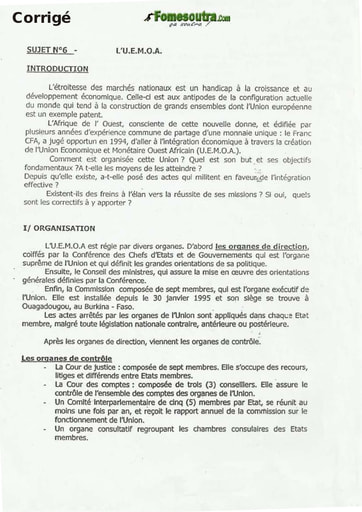 Sujet Corrigé de Dissertation: L'UEMOA