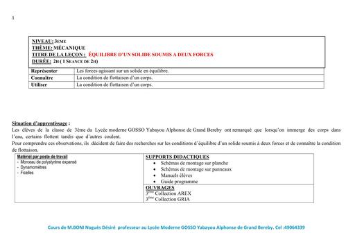 FICHE DE COURS PC 3ième L3 cours EQUILIBRE D'UN SOLIDE SOUMIS A DEUX FORCES by TEHUA