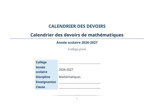 Calendrier devoirs mathematiques 2026 2027 by TEHUA