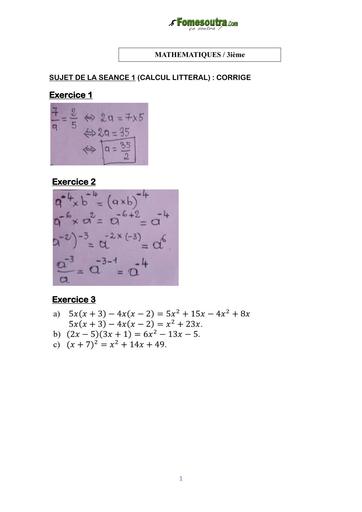 COURS DE VACANCES MATHS 3ieme CORRIGE SUJET 1 (CALCUL LITTERAL)