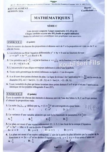 Bac 2026 sujet Mathématiques série C By TEHUA