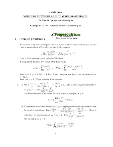 Corrigé 1ère épreuve de maths ITS B option Maths 2009 (ENSEA)