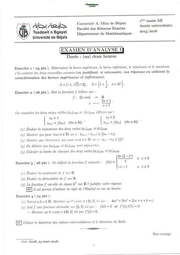 Examen1 Analyse 1 MI L1 Bejaia BY TEHUA