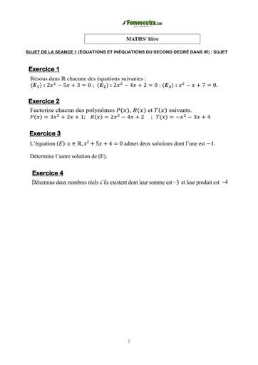 COURS DE VACANCES MATHS 1ière SUJET 1 (ÉQUATIONS ET INÉQUATIONS DU SECOND) BY TEHUA