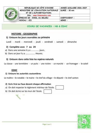 FICHE 1 Eveil au milieu HG & EDHC CE1 by TEHUA