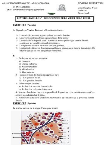 Sujet 1ière D devoir SVT 1ière D 22 SEPTEMBRE C notre dame des lagunes Yopougon By Tehua