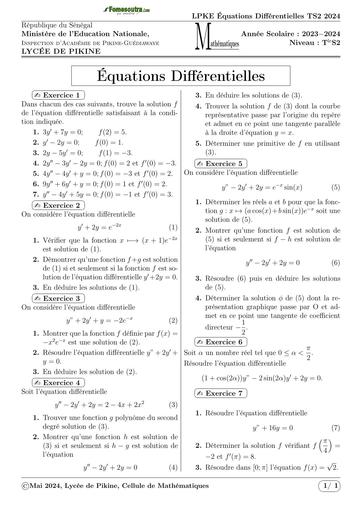 FICHE DE TD Equations Différentielles Tle S BY TEHUA
