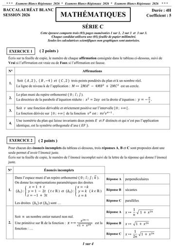 Bac blanc 2026 interne Maths série C Sujet Drena Abidjan 4 LYMUA By Tehua