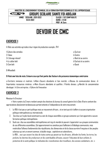 Devoir CMC BT 2020 2021  Collège Sainte Foi Abobo