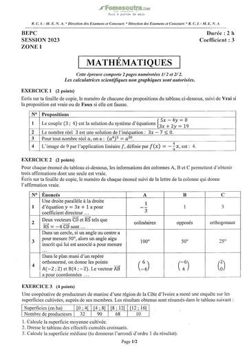 Compilation de sujets corrigés et barèmes Maths BEPC 2023 Zone 1 2 3