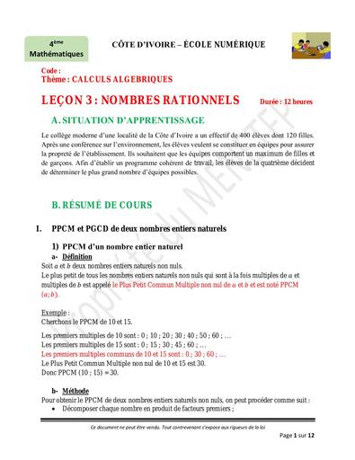 4e Maths leçon 3 Nombres Rationnels