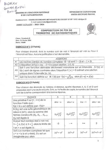 Compo fin de trimestre 2 CMS Maths Tle D février 2024 by Tehua