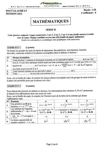 Sujet corrigé et barèmes de Maths BAC D 2022