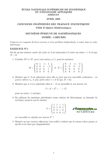 Sujet 2ème épreuve de maths ITS B option Maths 2008 (ENSEA)