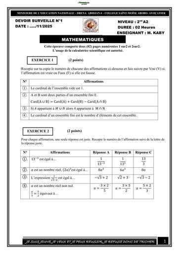 DEVOIR DE MATHS  NIVEAU 2nde A COLLEGE SAINTE MOISE ABOBO 2026 BY TEHUA