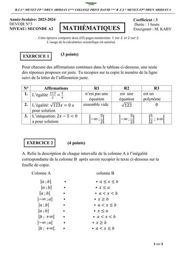 DEVOIR DE NIVEAU MATHS 2nde A2 TRIMESTRE 1 SAINTE DAVID 2024 BY TEHUA
