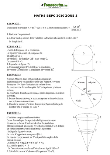 Sujet de mathématique BEPC 2010 Zone 3