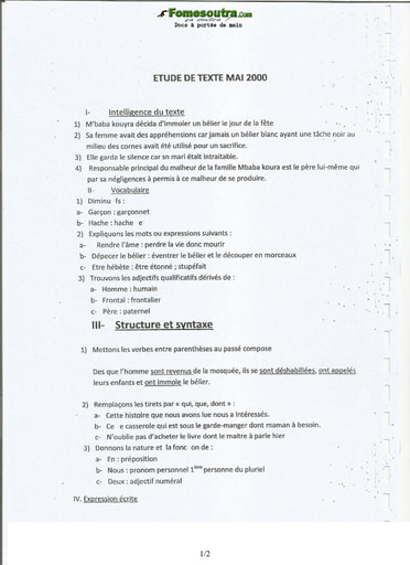 Sujet et corrigé d'Etude de texte concours d’entrée à l'EMPT Bingerville 2000