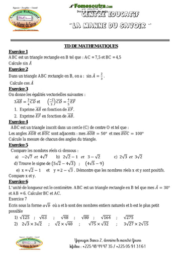 Sujet de Mathématiques niveau 3eme - Centre Educatif La Manne du savoir