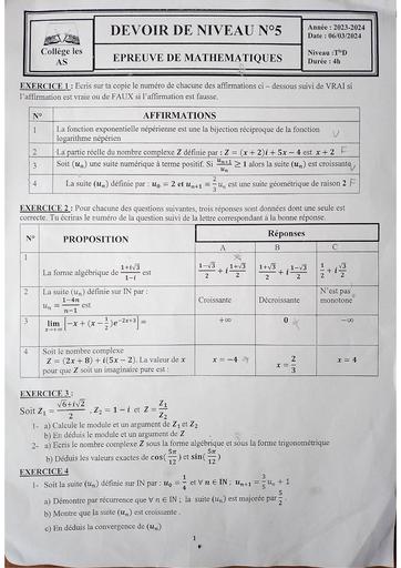 Devoir de niveau N°5 Maths Collège les AS abobo by Tehua