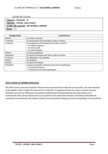 FICHE DE COURS CHIMIE Tle D L6 LES ACIDES AMINES