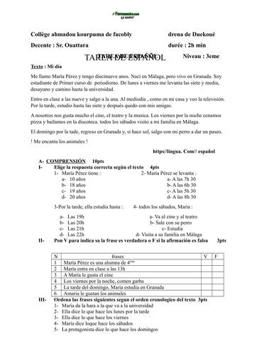 DEVOIR D'ESPAGNOL niveau 3ième FAOBLY  by TEHUA