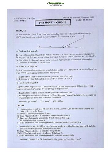 Sujet de Physique-Chimie Niveau Première D Lycée Classique Abidjan 2021-2022