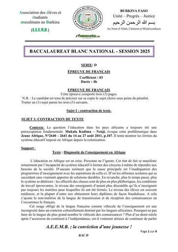 BAC BLANC 2025 SERIE D FRANCAIS BURKINA FASO BY TEHUA