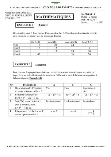 DEVOIR DE MATHS NIVEAU 1ière D CP DAVID N°1 2023 BY TEHUA