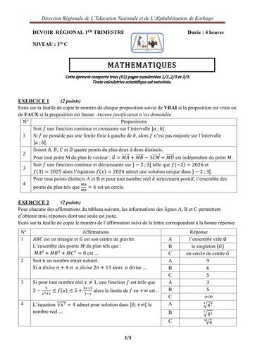 DEVOIR REGIONAL Tle C MATHS (2024 2025) Korhogo by Tehua