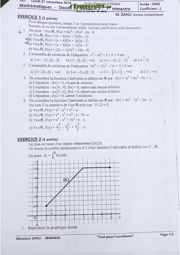 Devoir de Maths niveau Terminale A1 - Lycée classique d'Abidjan