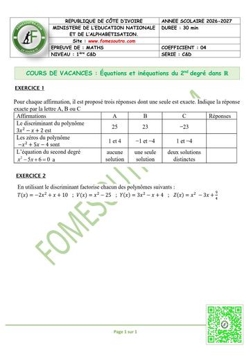 FICHE 1 MATHS 1ière C&D EQUATIONS ET INEQUATIONS DU 2nd DEGRE DANS R BY TEHUA