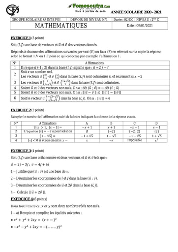 Devoir (2) de Mathématiques niveau 2nde C - Groupe Scolaire Sainte Foi