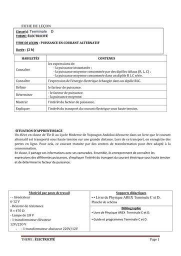 FICHE DE COURS PHYSIQUE Tle D L13 PUISSANCE EN COURANT ALTERNATIF