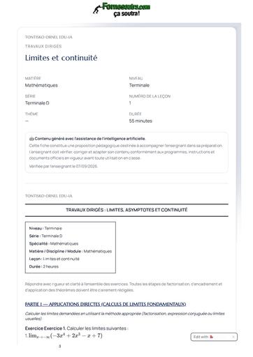 FICHE DE travaux dirigés D Mathematiques Terminale D Limites et continuite BY TEHUA