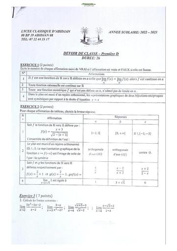 Sujet de Mathématique Première D Lycée Classique Abidjan 22-23