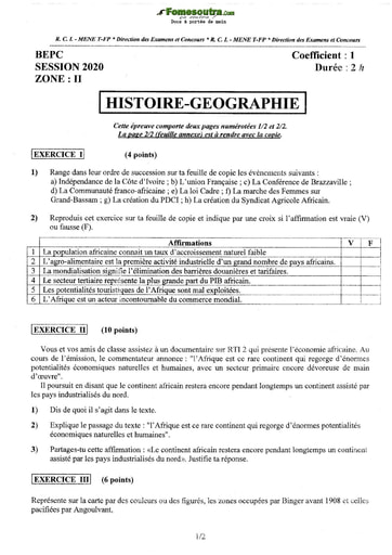 Sujet corrigé et barème d'Histoire et Géographie BEPC 2020 Zone 2