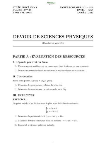 DEVOIR DE PC NIVEAU 2nde C LYCEE PRIVE CANA 2026 N°1 BY TEHUA