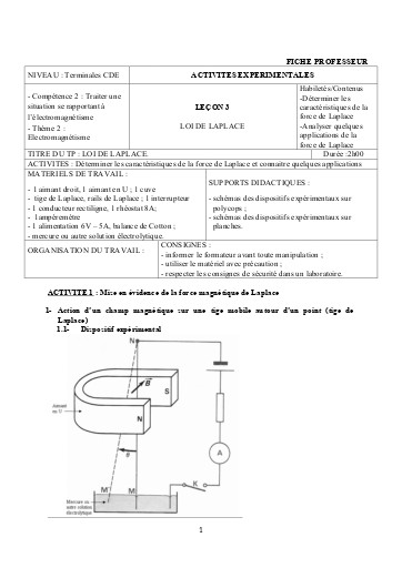 FICHE PROFESSEUR 8   LOI DE LAPLACE