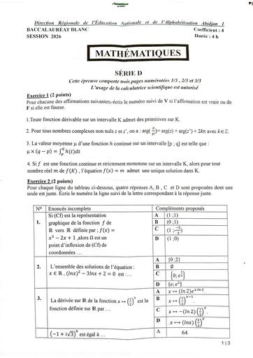 BAC BLANC 2026 MATHS SERIE D SUJET DRENA ABIDJAN 1 BY TEHUA