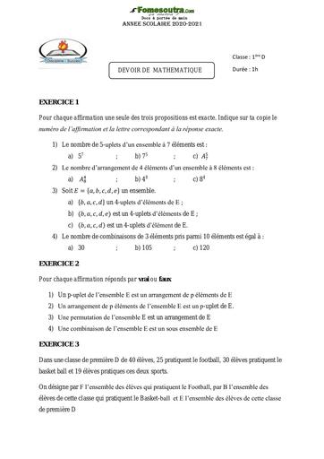 Devoir Mathématique niveau Première D 2020-2021